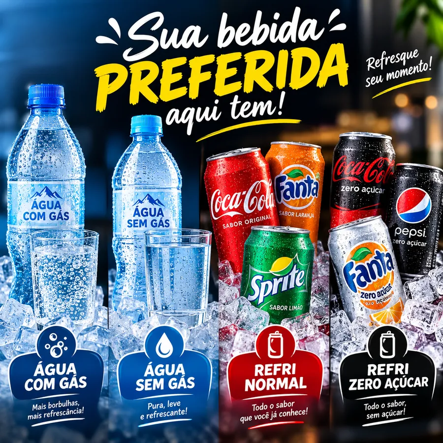 Garrafas de água com e sem gás e latas de refrigerante no gelo