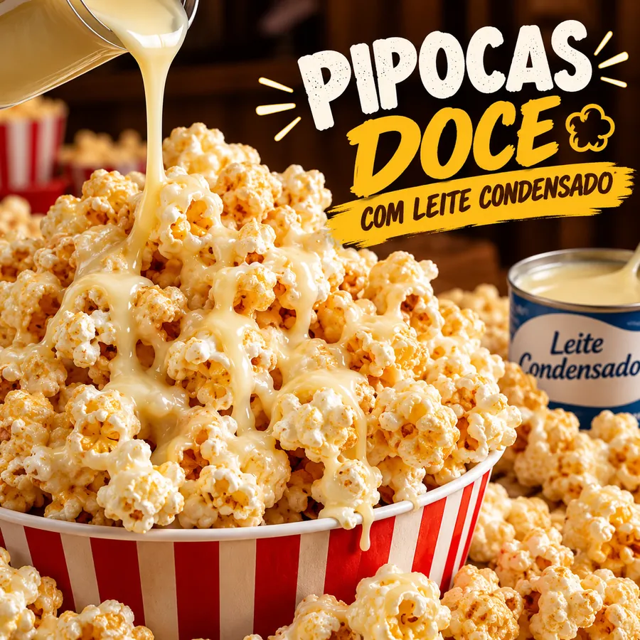 Pipoca doce recebendo uma calda de leite condensado